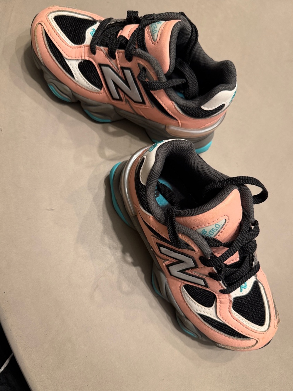 New Balance Kids Peach and Black Athletic Sneakers with Teal Accents